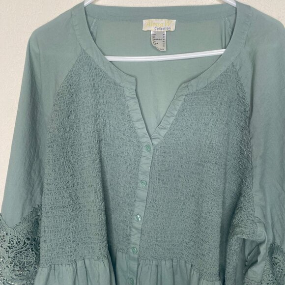 Alessa W. Collection Tunic Top Womens Size 22 Green Crochet Trim 3/4 Sleeves Boh - Picture 5 of 11